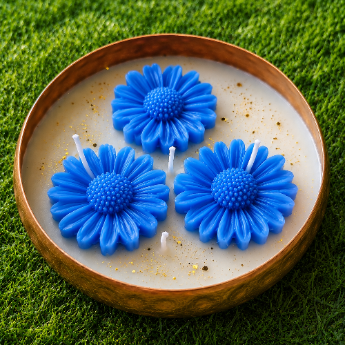 Three blue flower-shaped candles in a white candle with wooden base on grass