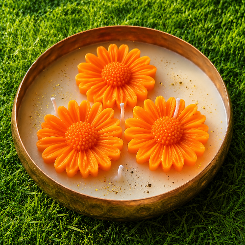 Candle with orange flower-shaped wax elements on a grass background