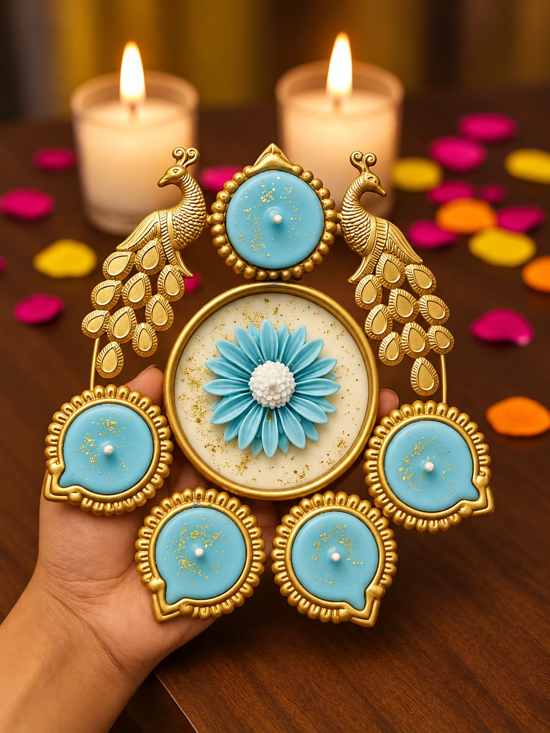 A decorative gold-toned Diwali lamp holder with peacock motifs and five light blue circular panels, held in a hand over a wooden surface with lit candles and colorful flower petals in the background.