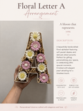 Floral letter 'A' arrangement held by a hand with descriptive text on a light gray background