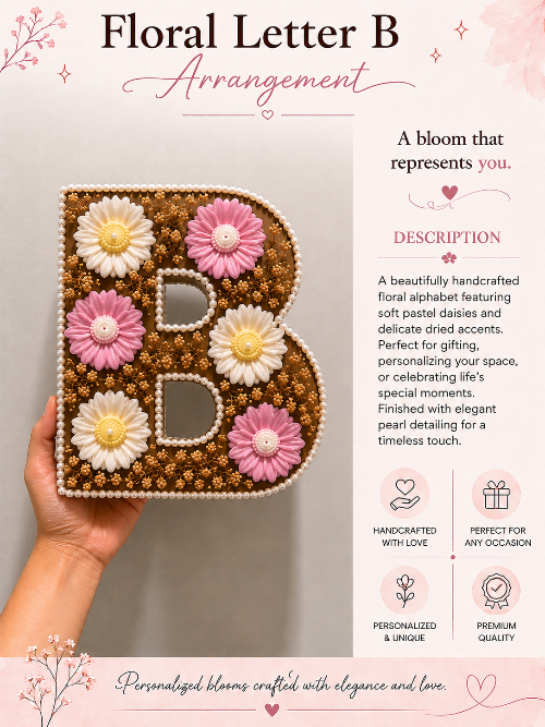 Floral letter 'B' arrangement held by a hand with decorative text and design elements.