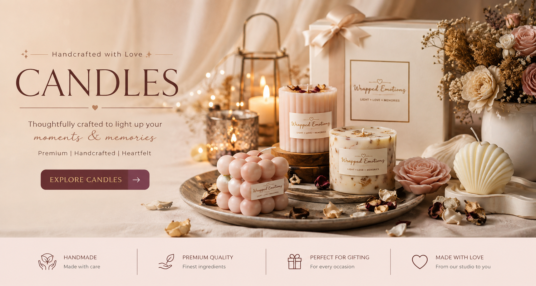 A styled product display for candles in a warm, elegant setting. Multiple handcrafted candles in pink, cream, and striped packaging are arranged on a silver tray with a shell, dried flowers, and lit candles in the background.