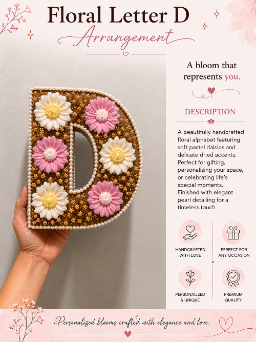 Floral letter D arrangement held by a hand with product description on a light gray background