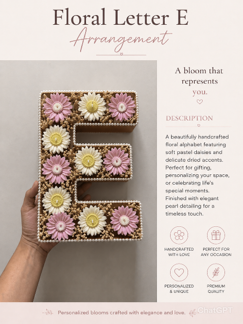 Floral letter 'E' arrangement held by a hand with product description on a light gray background