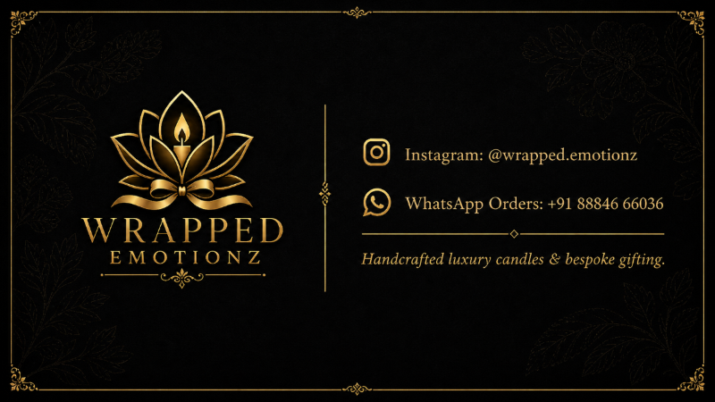 Business card for Wrapped Emotionz with logo, contact information, and description of handcrafted luxury candles on a black background.
