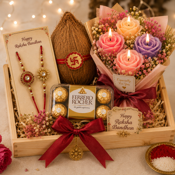 Premium Raksha Bandhan Gift Hamper with Ferrero Rocher, Candle Bouquet & Rakhis | Festive Gift Box by Wrapped Emotionz