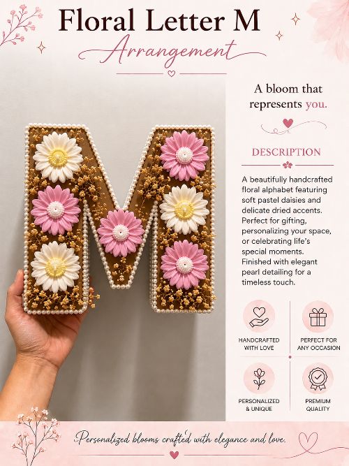 Floral letter 'M' arrangement with decorative elements on a light background