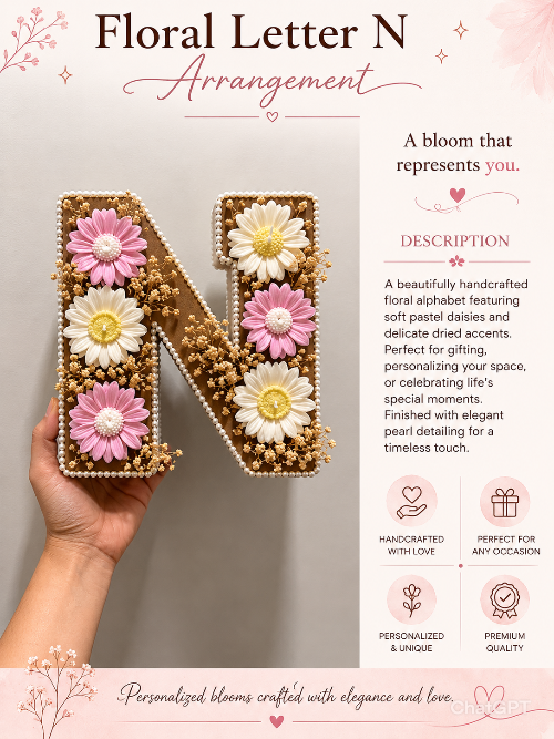 Floral letter 'N' arrangement held by a hand with decorative text and illustrations.