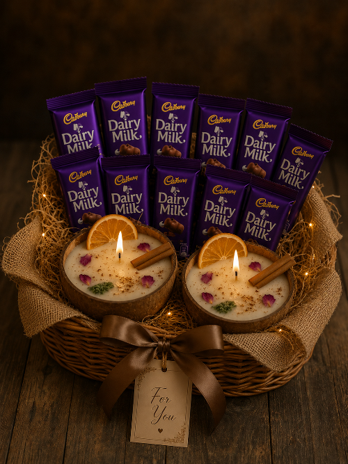 Luxury Gift Hamper with 2 Handmade Coconut Shell Candles & Cadbury Chocolates