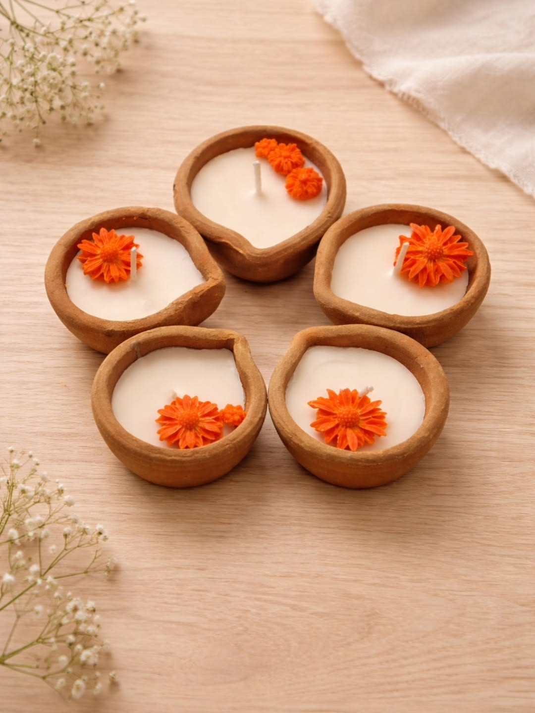 Handmade Marigold Terracotta Diya Scented Soy Wax Candle Set – Decorative Festive Candle
