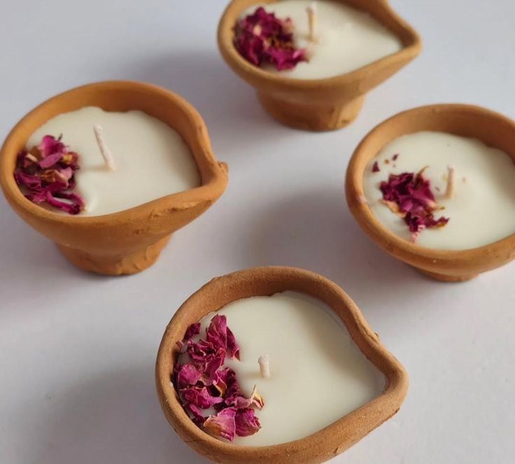 Handmade rose petal Terracotta Diya Scented Soy Wax Candle Set – Decorative Festive Candle