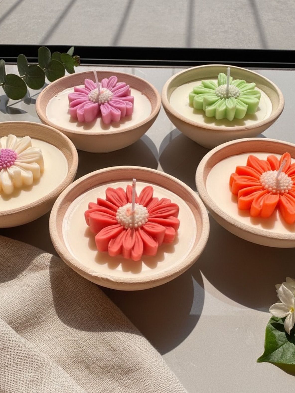 Handmade Daisy Terracotta Diya Scented Soy Wax Candle Set – Decorative Festive Candle