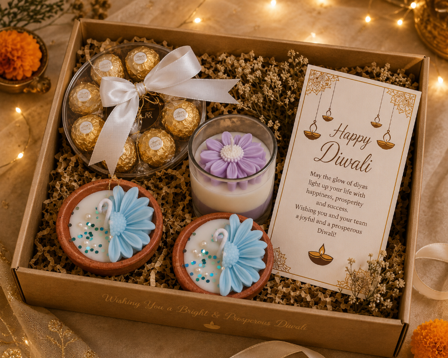 A Diwali gift box filled with festive treats: two decorated blue flower candles in brown cups, a glass jar candle with a purple flower, a clear bowl of Ferrero Rocher chocolates tied with a white ribbon, and a printed Diwali greeting card inside a kraft box.
