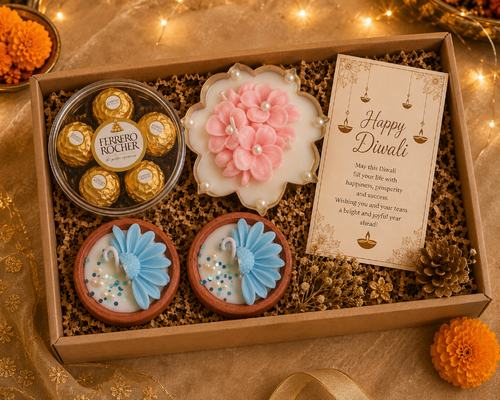 A Diwali gift box set containing Ferrero Rocher chocolates, a pink flower-shaped soap, two blue peacock candles, and a 'Happy Diwali' card, arranged in a brown box with shredded paper on a warm, decorated background.