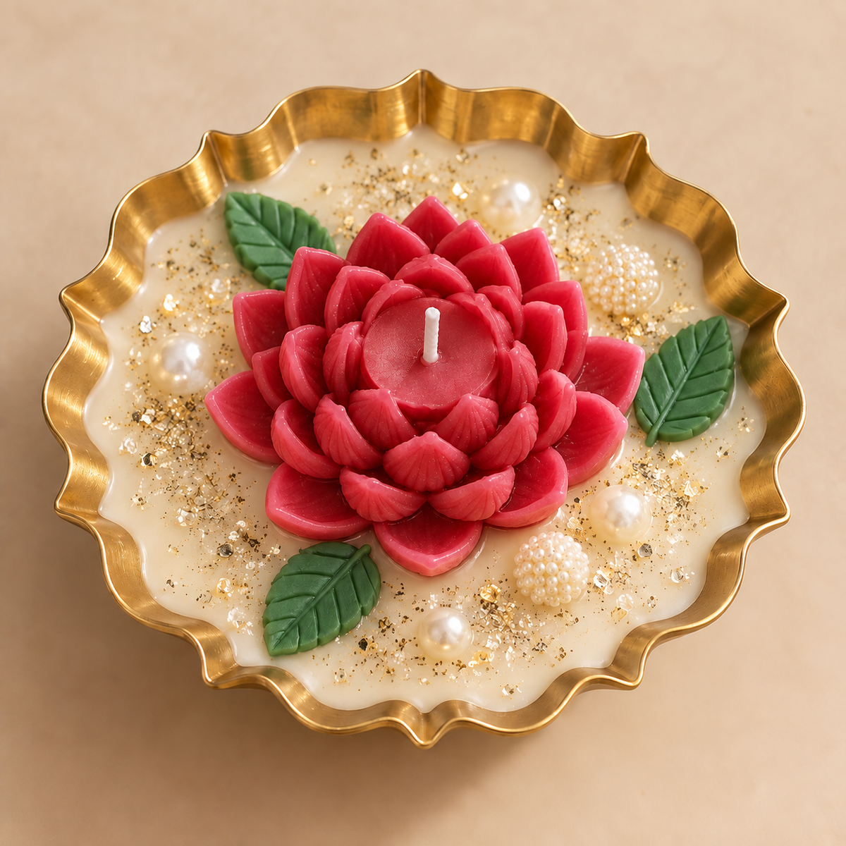 Lotus Glow Urli Candle in red with gold bowl