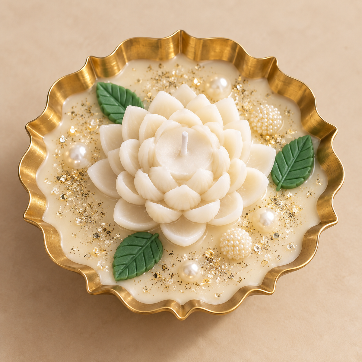 Lotus Glow Urli Candle in white with gold bowl