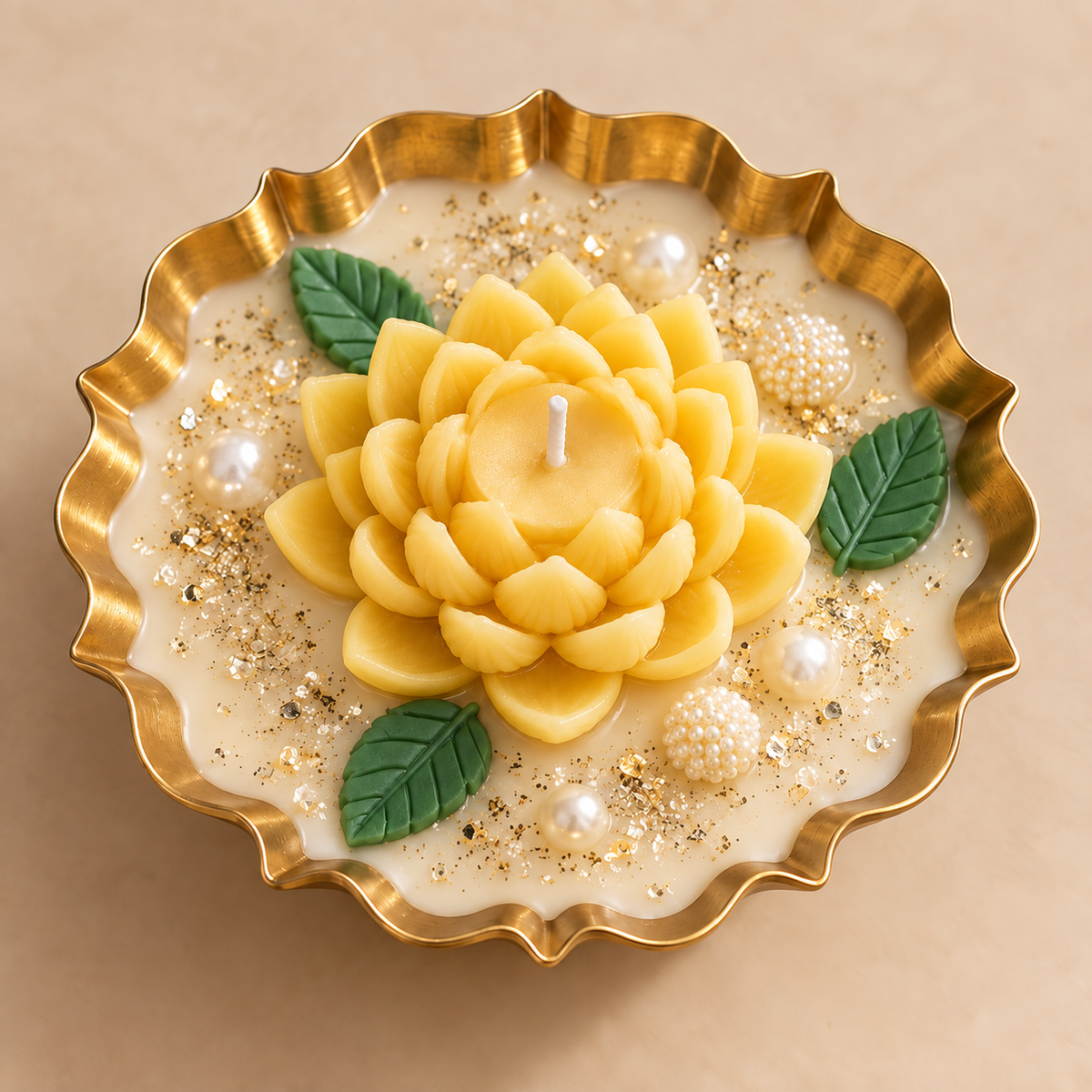Lotus Glow Urli Candle in yellow with gold bowl