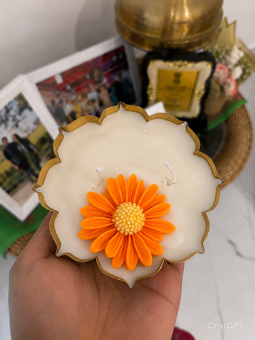 Decorative candle with an orange flower design held by a hand, with a blurred background.