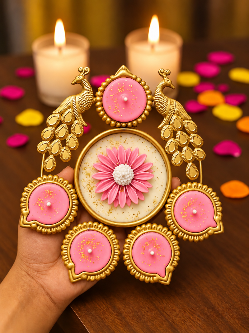A decorative gold and pink diya holder shaped like a peacock, held in a hand over a wooden table with lit candles and scattered flower petals in the background.