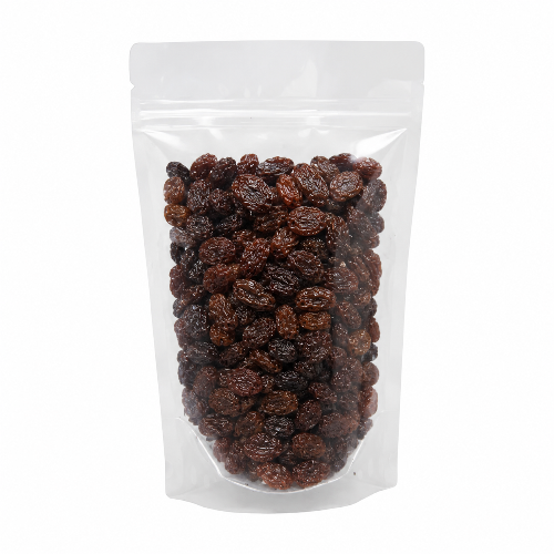 Clear plastic bag filled with raisins on a white background