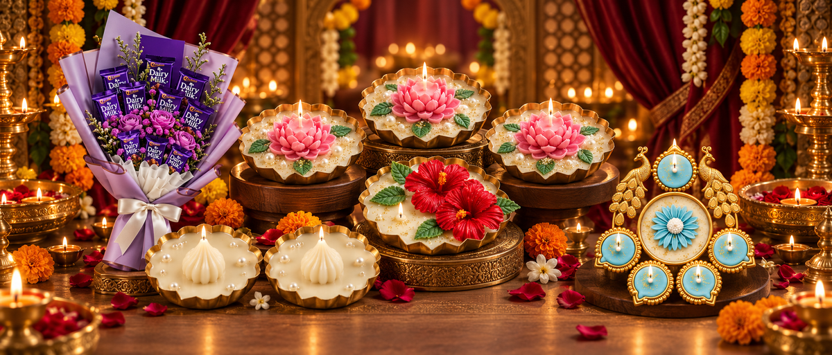Wrapped Emotionz festive candles, diyas and gift hampers arranged in a luxurious Navratri and Diwali setting