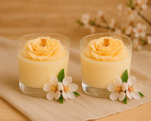 Two glasses of creamy dessert with floral decorations on a beige cloth.